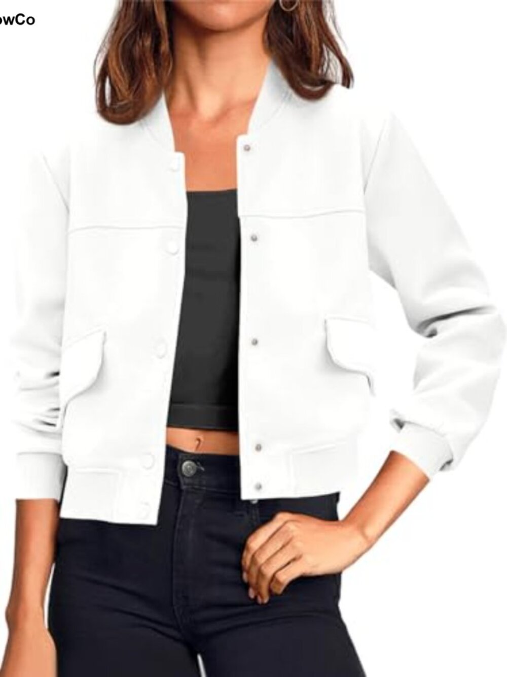 Women's Cropped Bomber Jacket Long Sleeve Button Down Casual